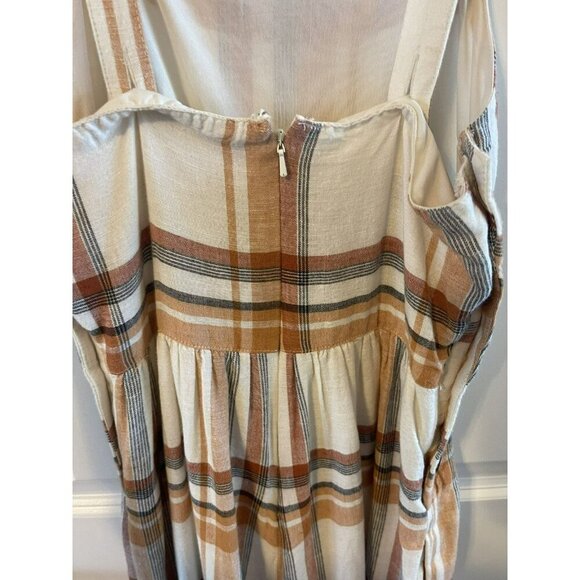 American Eagle Womens Linen Blend cropped Jumper Romper Sz 0 Ivory Plaid Straps - Picture 3 of 9